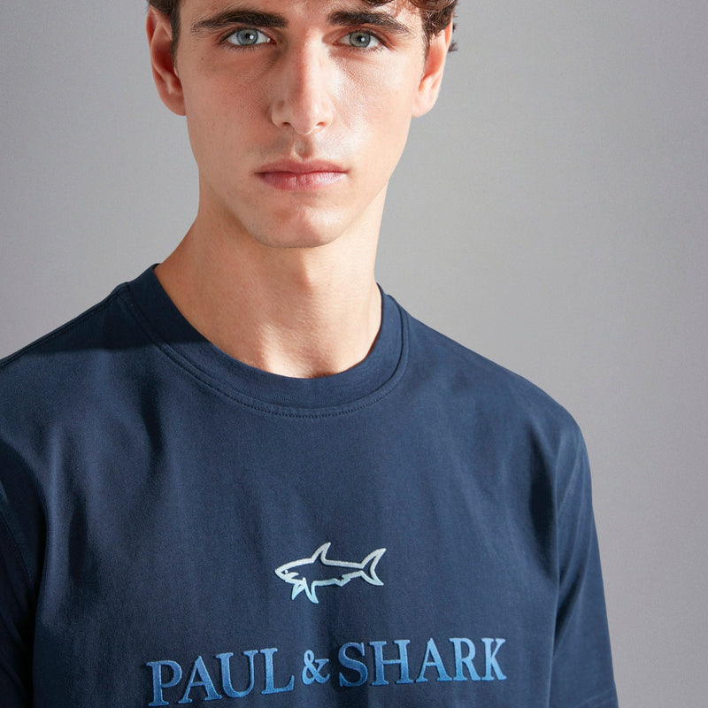 Paul &amp; Shark Cotton T-Shirt With Flocked Logo 14311604 050 Blue