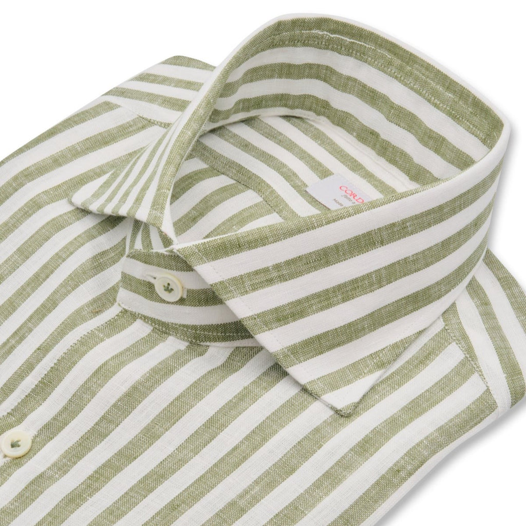 Cordone Military Green Striped Linen Shirt 4139
