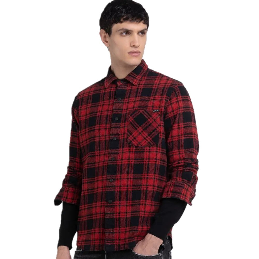Replay Flannel Cotton Check Shirt Black / Red M4095.000 52616.010